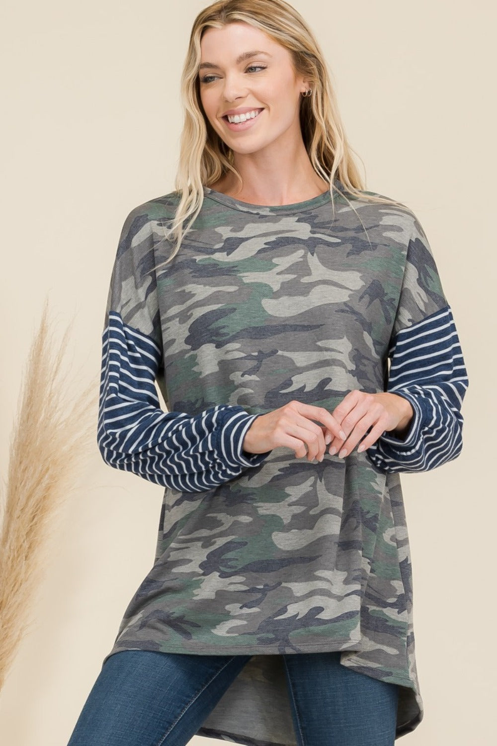 Full Size Camo Print High-Low T-Shirt with Stripe Sleeves