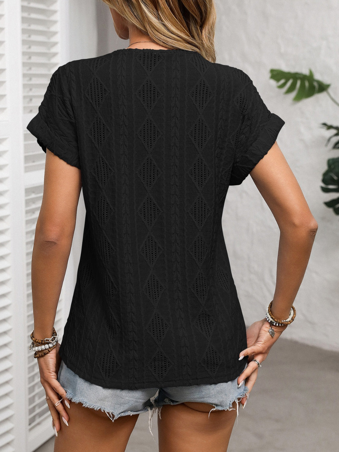 Openwork V-Neck Short Sleeve Shirt