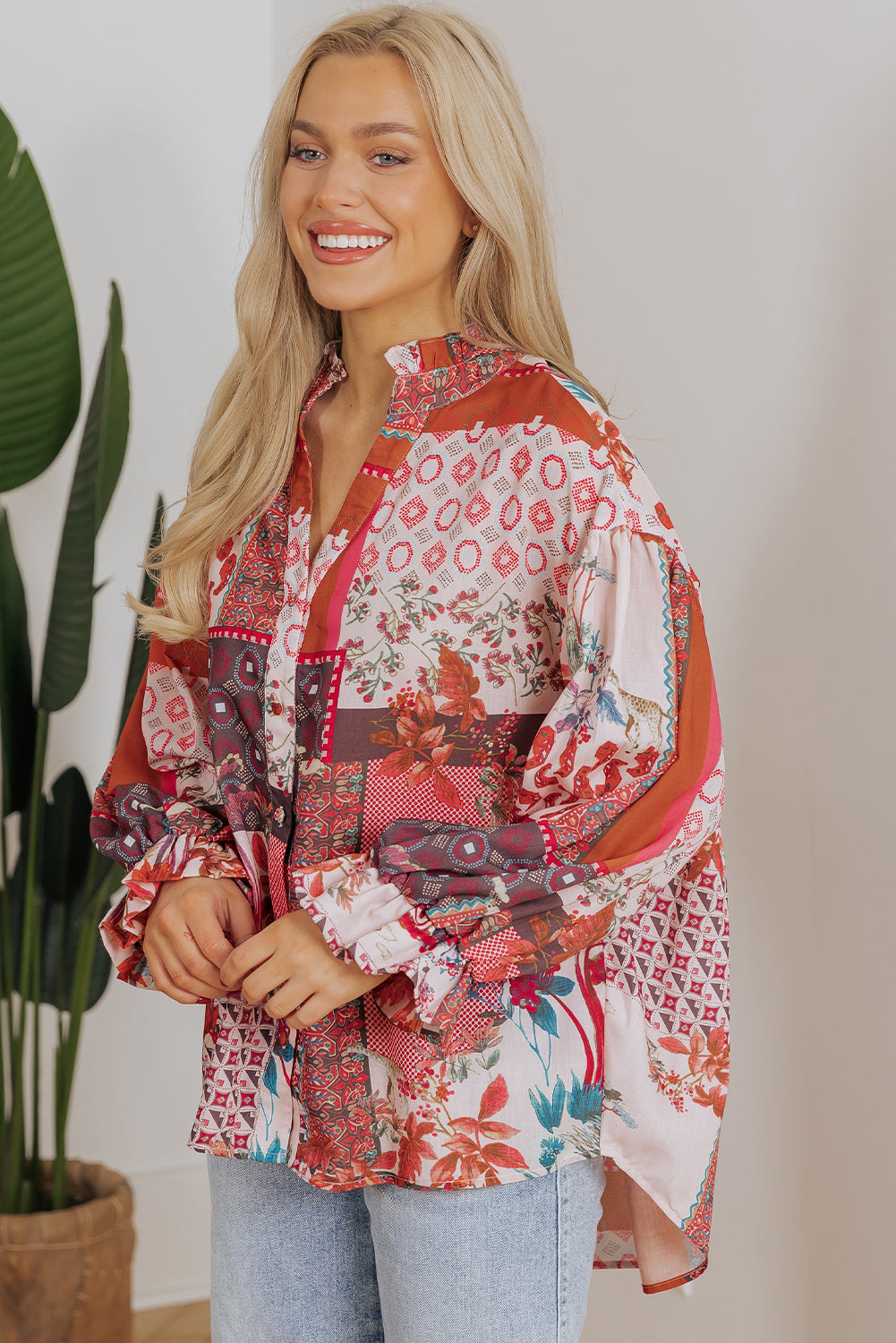 Free Spirited Boho Geometric Mixed Print Bubble Sleeve Shirt