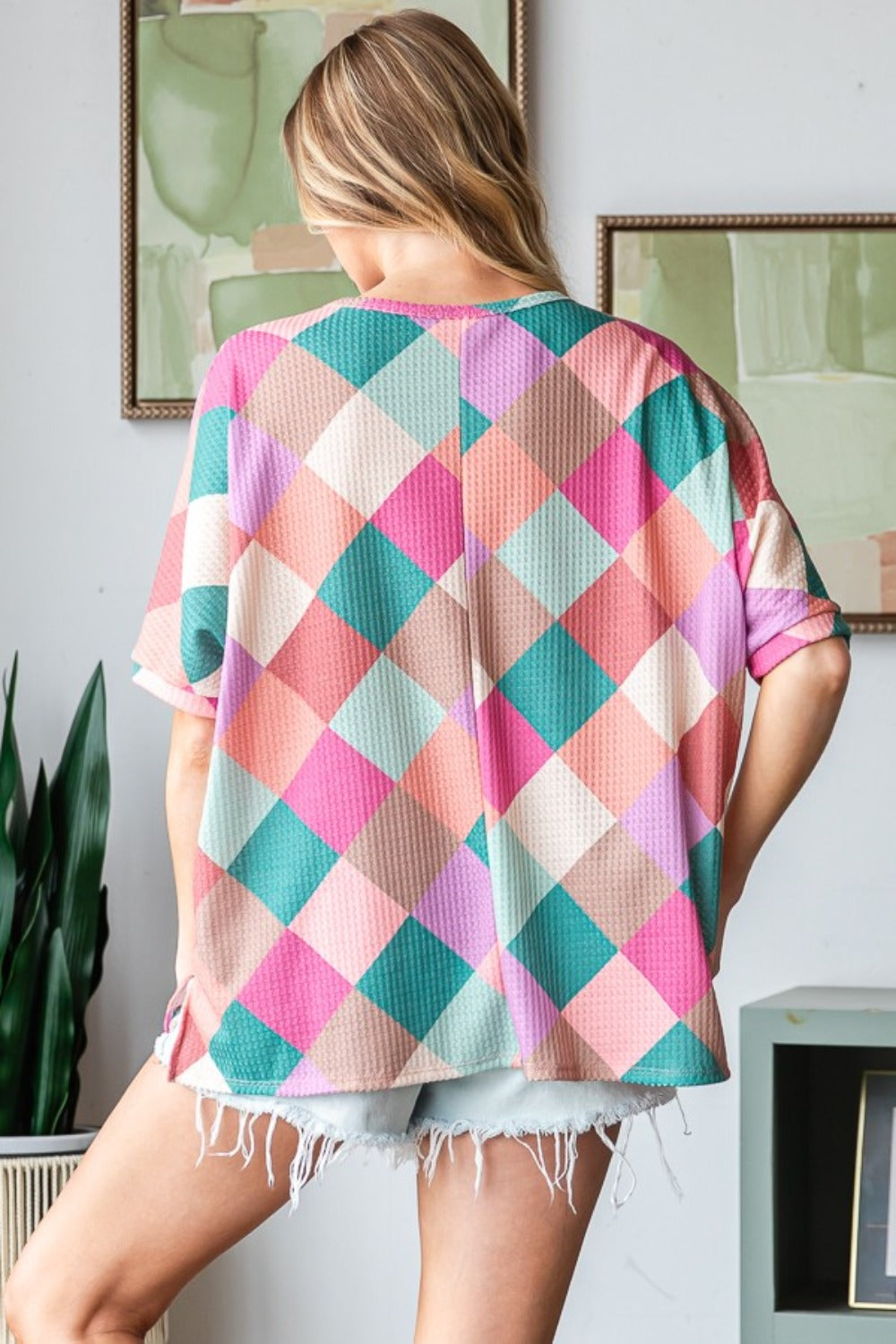 HOPELY Full Size Multi Colored Argyle Side Slit T-Shirt