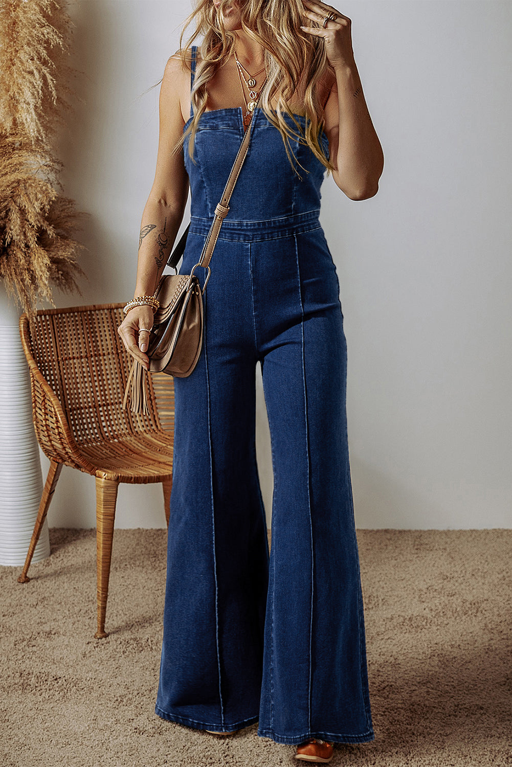 Chic Denim Flared Jumpsuit with Spaghetti Straps