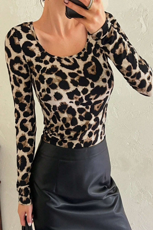 Leopard Scoop Neck Long Sleeve Top