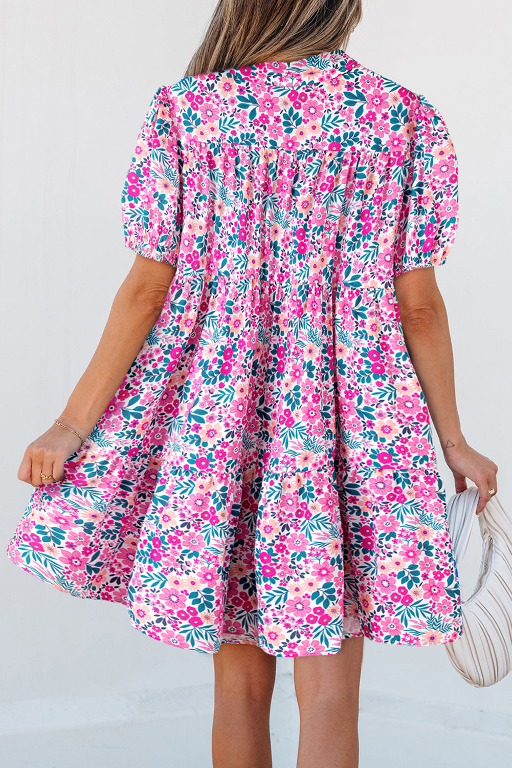 Pink Floral Collared Short Sleeve Mini Dress for Resort Wear