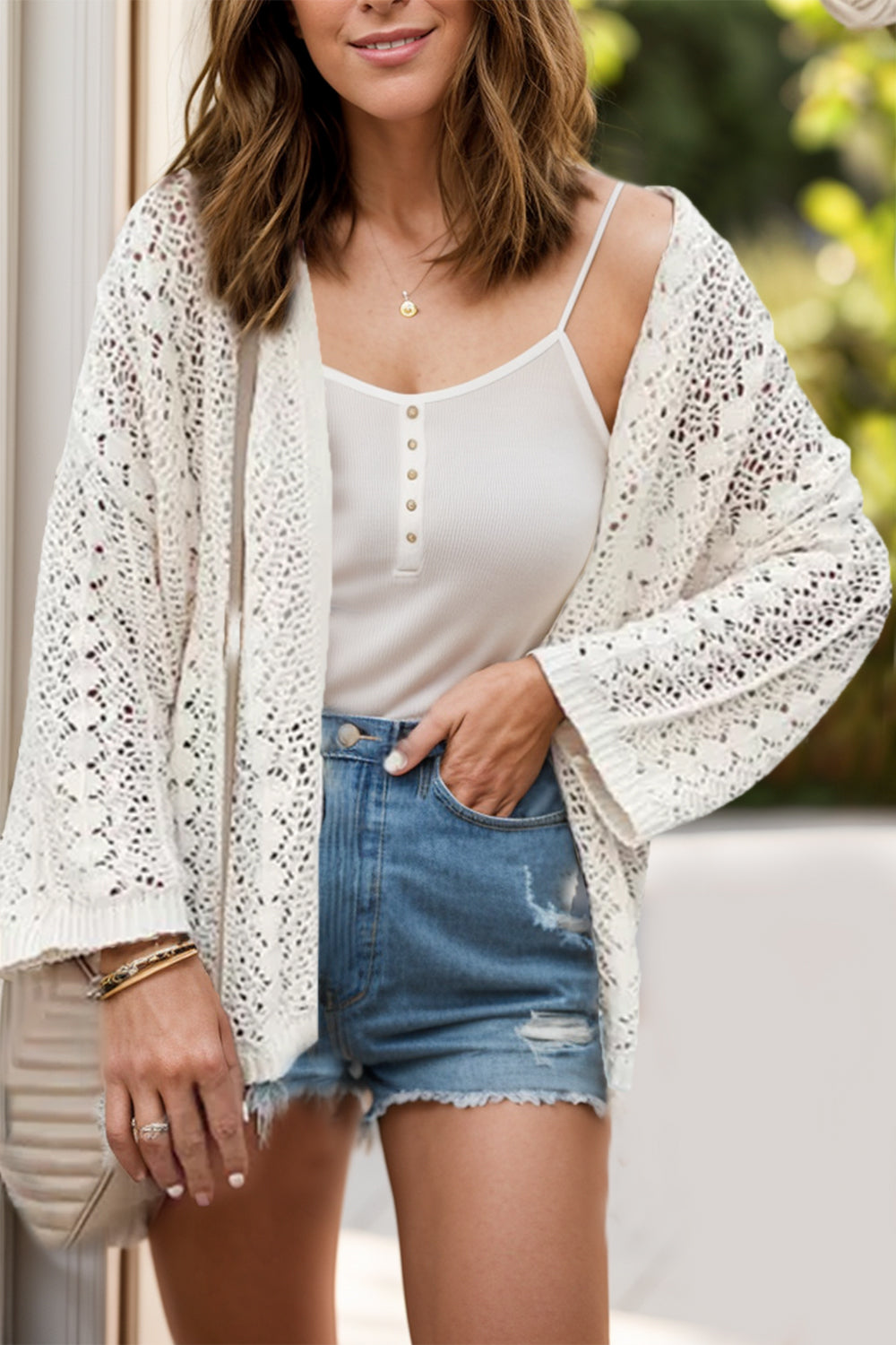 Openwork Open Front Dropped Shoulder Cardigan