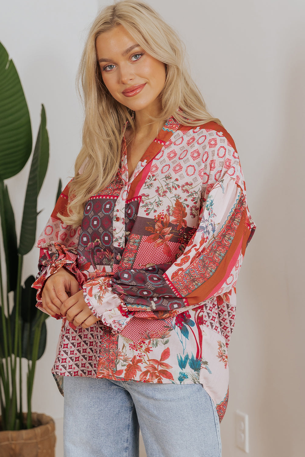 Free Spirited Boho Geometric Mixed Print Bubble Sleeve Shirt