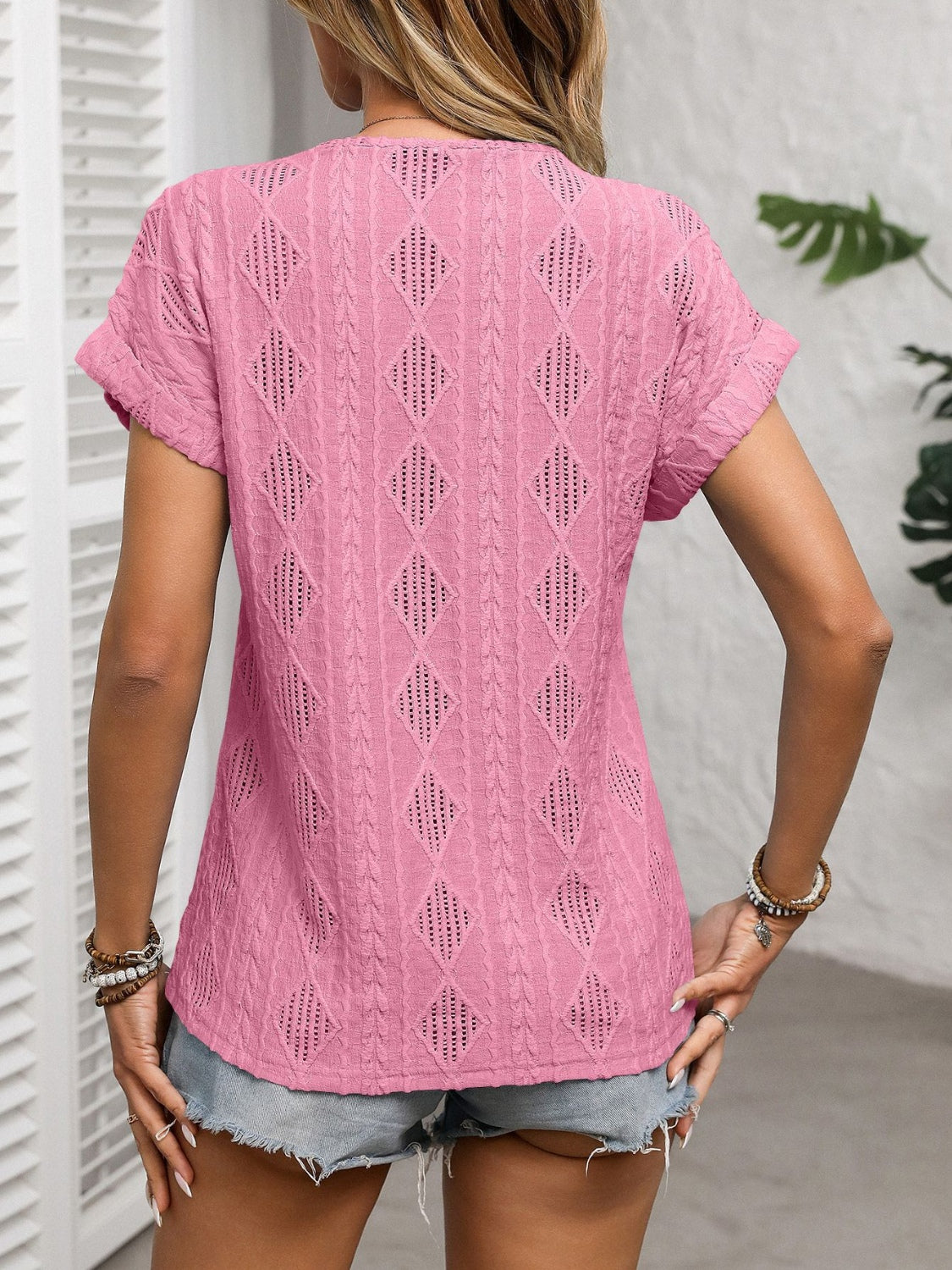 Openwork V-Neck Short Sleeve Shirt